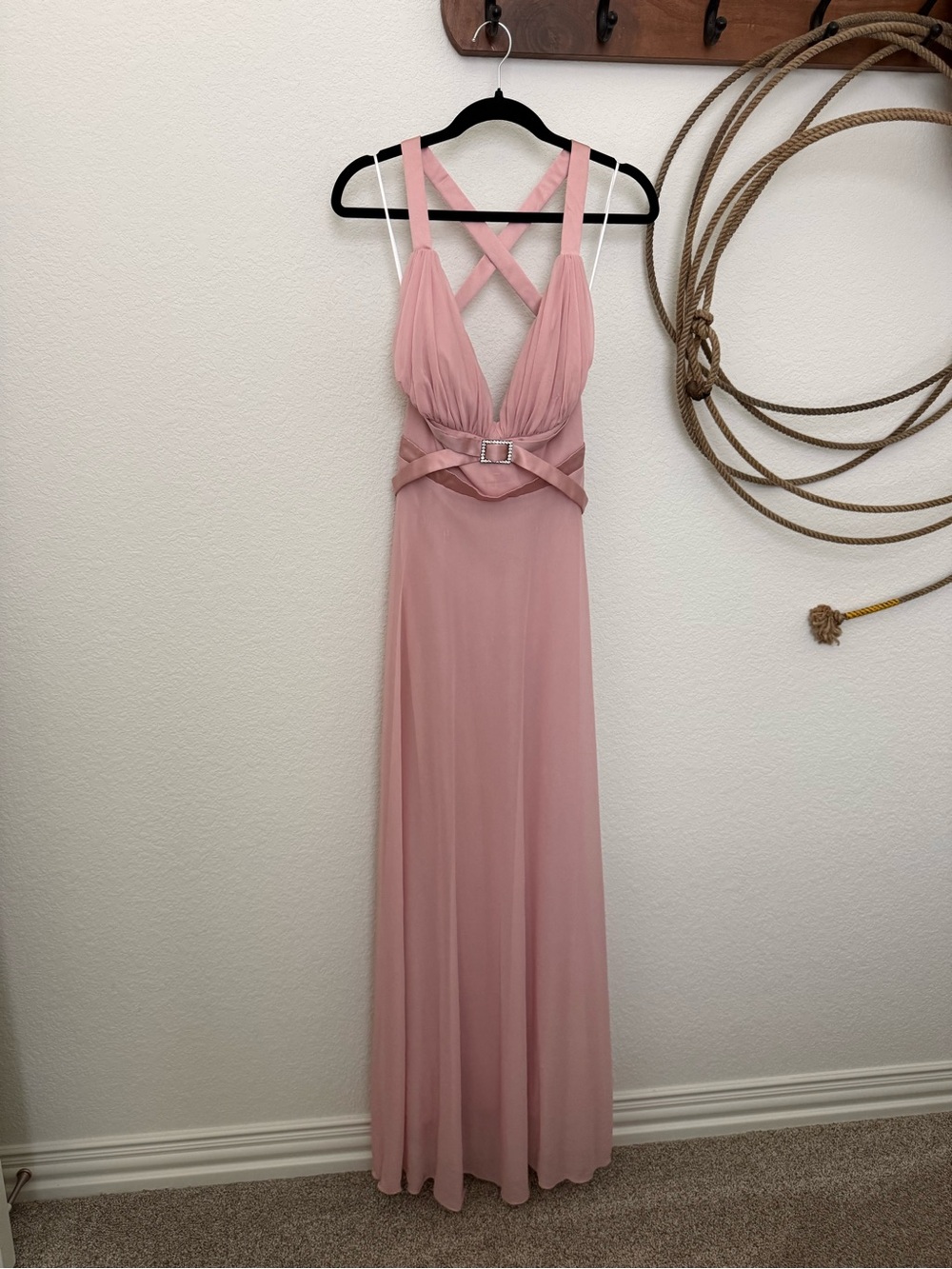 Vintage JS Collections Dusty Pink Rhinestone Buckle Maxi Dress (Size 4 / USA 4)
